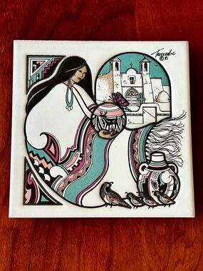 Vintage Signed 1991 Cleo Teissedre Hand painted Ceramic Tile Southwestern trivet